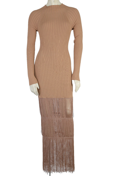 KHAITE Dresses & Skirts - KHAITE The Cedar Fringed Ribbed Knit Long Sleeve Maxi Dress Camel Tan Size S